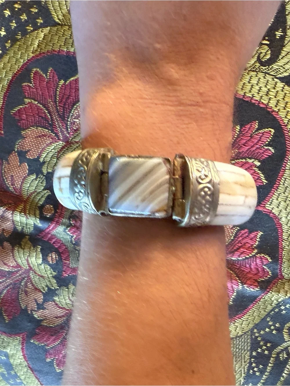 Antique Large Silver Tone Bone Agate Bracelet